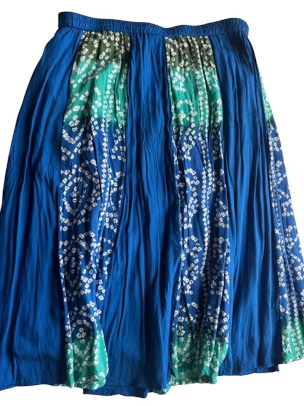 Serengeti Blue Green Batik Print Midi Skirt Size L Boho Elastic Waist